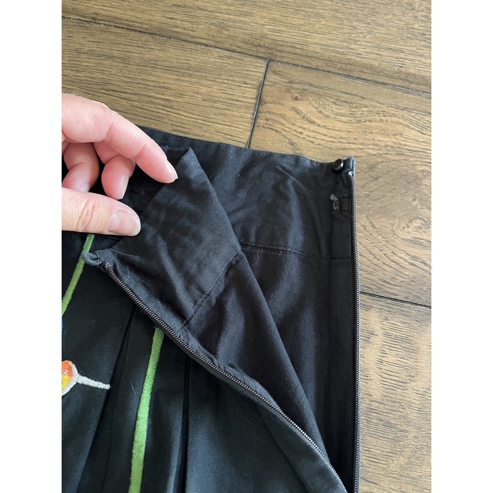 Floreat Anthropologie Green & Black Embroidered Hummingbird Skirt Size 4 A Line - Picture 5 of 8